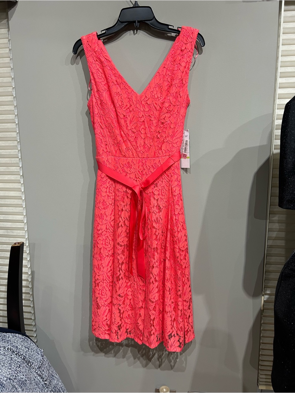 lei Coral Pink Lace Midi Dress with Satin Waist Tie